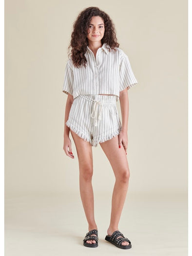 steve madden cali top button up cropped length boxy fit oversized vertical stripe cream off white