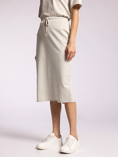 raiya knit midi skirt drawstring waist back slit thread & supply