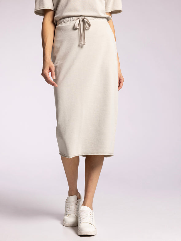 raiya knit midi skirt drawstring waist back slit thread & supply