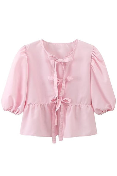sunday up solid short puff sleeve bow front blouse pink