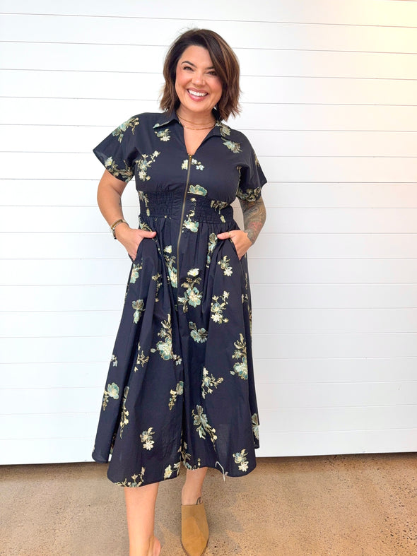 short sleeve paisley midi dress zipper front navy blue