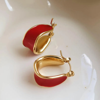 burgundy enamel hoop gold earrings