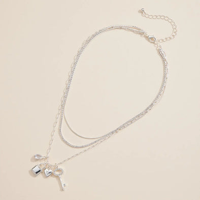 layered silver necklace key lock heart charm pendants