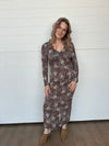 Z supply exhale sable floral midi dress long sleeve sweetheart neckline brown fitted