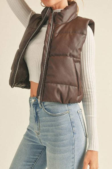 cropped faux leather puffer vest zipper front 