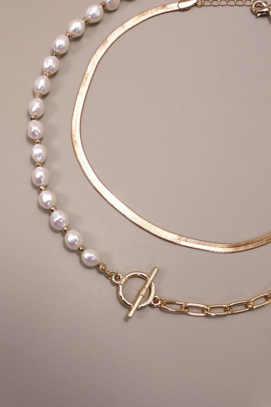 mix pearl link chain multi layer necklace