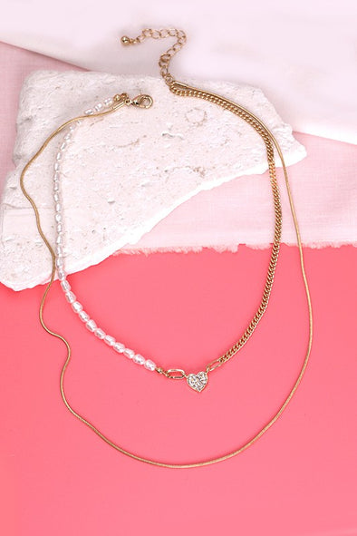 double mini heart pearl chain layered necklace gold
