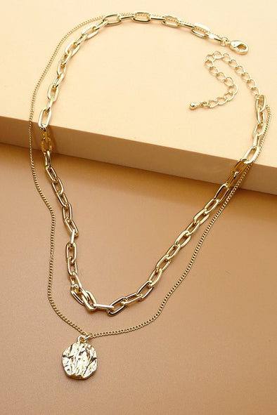 textured coin layered chain link necklace gold