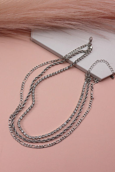 rhinestone rope multi layer chain necklace silver