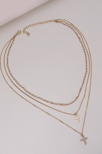 multi layer gold double cross necklace