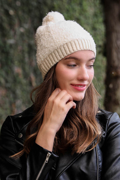 fuzzy pom pom beanie ivory