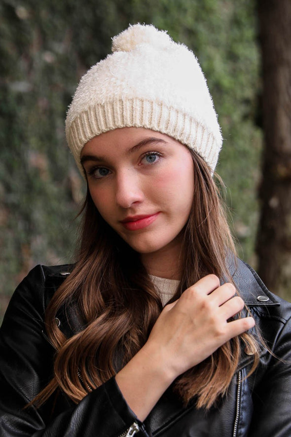 fuzzy pom pom beanie ivory