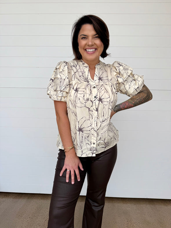 entro floral print v-neck button front pleated short puff sleeve blouse ecru