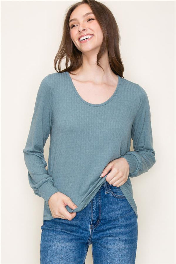 staccato dusty blue long sleeve textured blouson knit top scoop neck relaxed fit womens fall winter basic