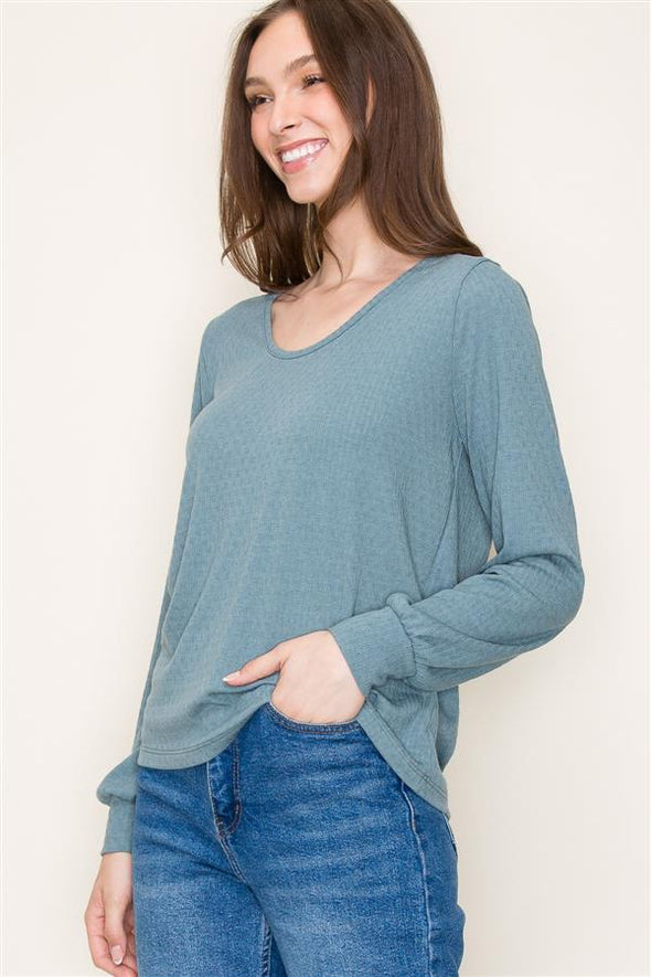 staccato dusty blue long sleeve textured blouson knit top scoop neck relaxed fit womens fall winter basic