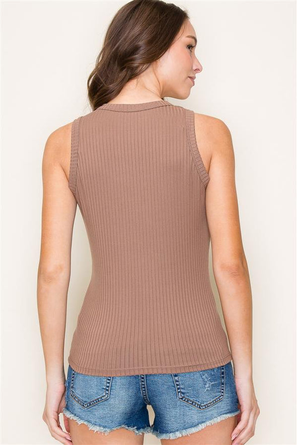 staccato basic ribbed high neck tank fitted crewneck sleeveless mocha