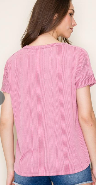 staccato rose pink round neck short sleeve textured ribbed knit top
