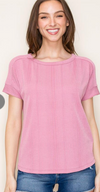 staccato rose pink round neck short sleeve textured ribbed knit top