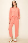 salmon staccato textured polyester button down top