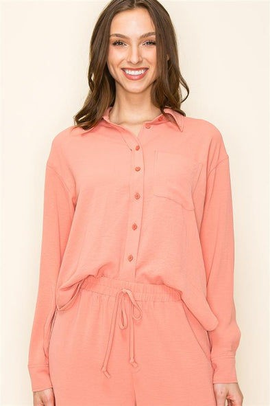 salmon staccato textured polyester button down top