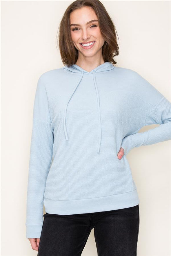 staccato drawstring neck long sleeve lightweight textured hoodie top light blue