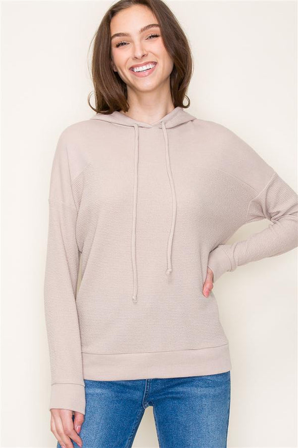 staccato taupe knit drawstring long sleeve textured hoodie top