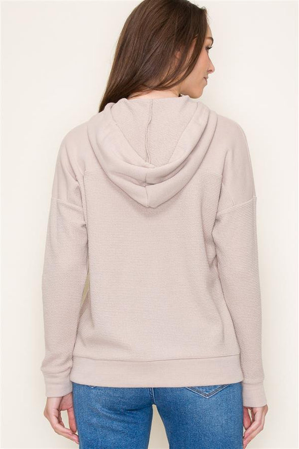 staccato taupe knit drawstring long sleeve textured hoodie top