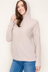 staccato taupe knit drawstring long sleeve textured hoodie top