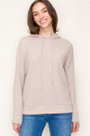 staccato taupe knit drawstring long sleeve textured hoodie top