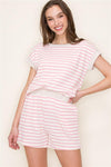 pink staccato crewneck short sleeve rib banded textured jaquard striped tee