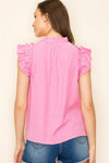 pink staccato keyhole button front neck ruffle sleeve blouse