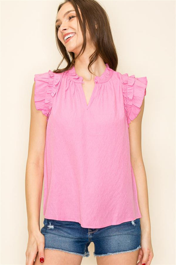 pink staccato keyhole button front neck ruffle sleeve blouse