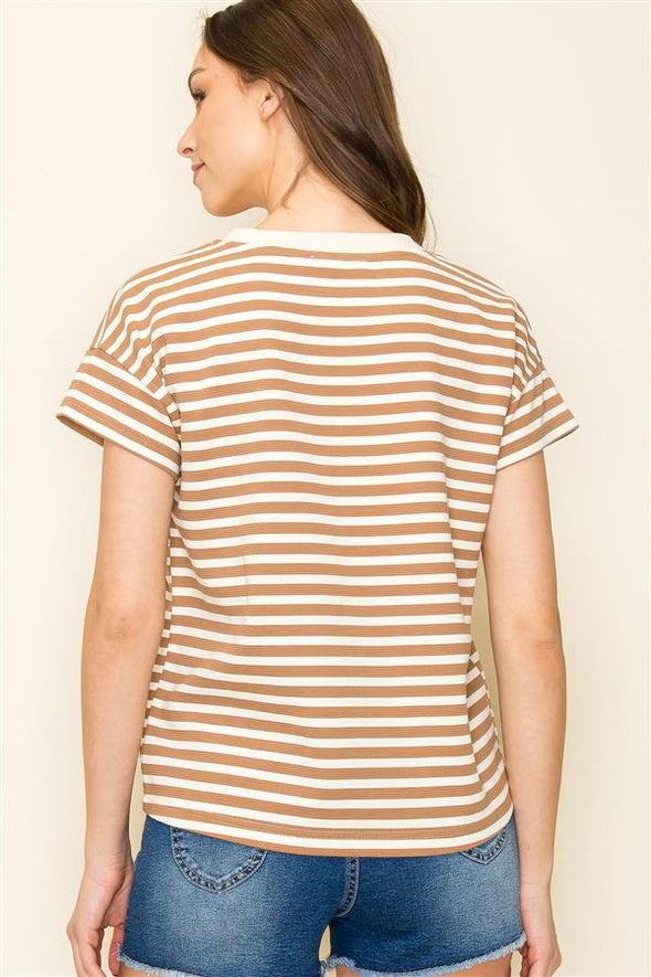 mocha tan stripe staccato round neck textured stripe short sleeve tee