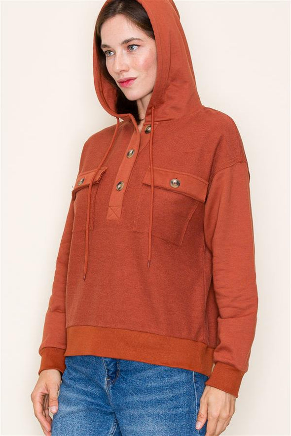 staccato rust hooded half placket button down chest pocket textured knit top