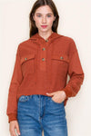 staccato rust hooded half placket button down chest pocket textured knit top