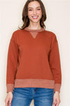 staccato rust crewneck ribbed neckline long sleeve terry knit pullover top relaxed fit