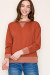 staccato rust crewneck ribbed neckline long sleeve terry knit pullover top relaxed fit