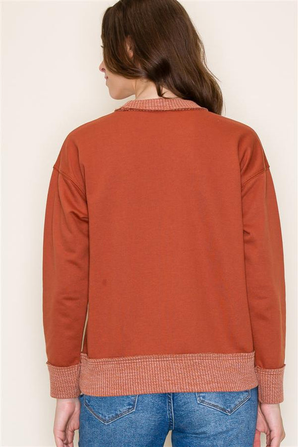 staccato rust crewneck ribbed neckline long sleeve terry knit pullover top relaxed fit