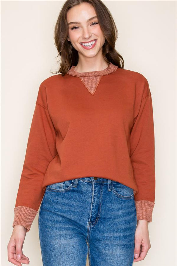 staccato rust crewneck ribbed neckline long sleeve terry knit pullover top relaxed fit