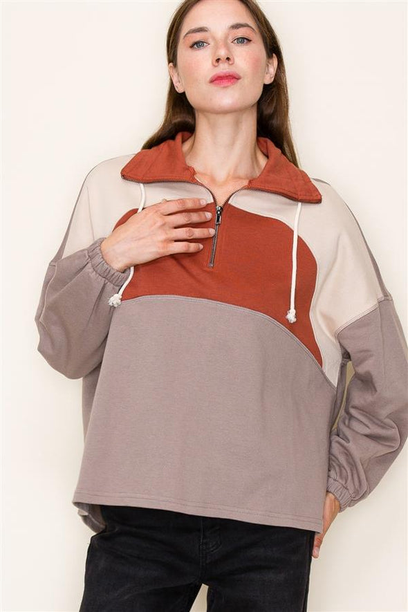 staccato otter polar collar long sleeve half zip terry color block knit sweatshirt top