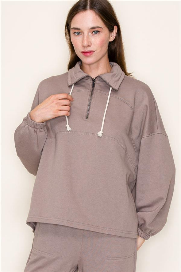 staccato otter polar collar half zip long sleeve terry pullover top