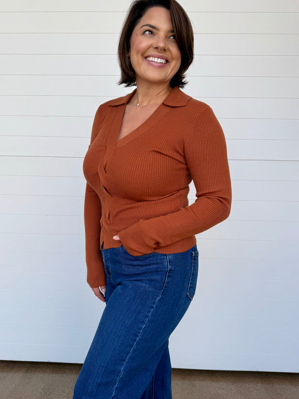 Fitted long sleeve collared twist front sweater top orange