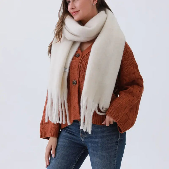 ivory blanket scarf with fringe soft fuzzy