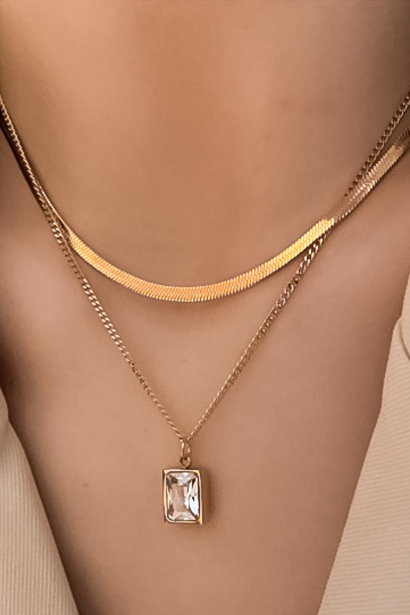 18k layered gold necklace clear stone pendant snake chain