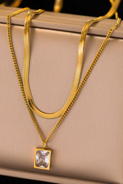 18k layered gold necklace clear stone pendant snake chain