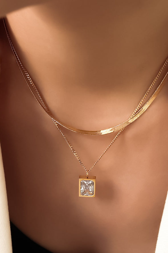 18k layered gold necklace clear stone pendant snake chain