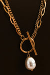 18k gold plated two layer gold necklace pearl toggle