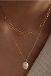 two layer 18k gold plated necklace paperclip chain pearl pendant