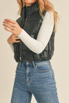 cropped faux leather puffer vest zipper front 