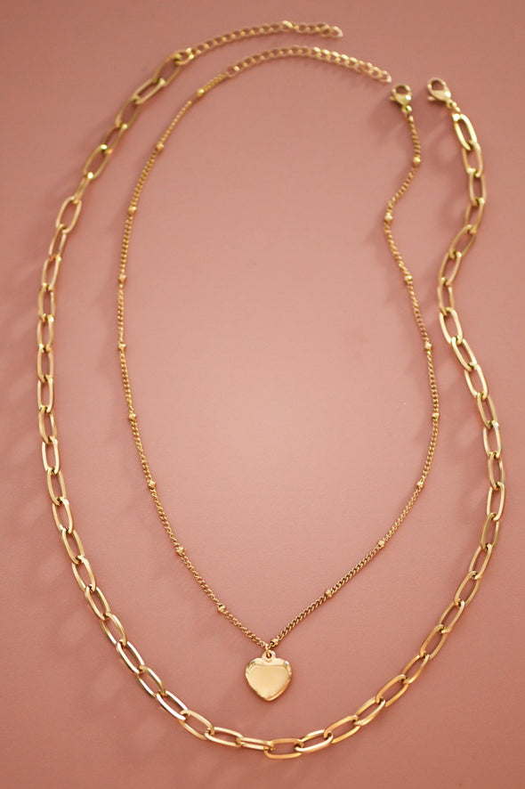 18K gold dipped necklace layered paperclip chain heart pendant